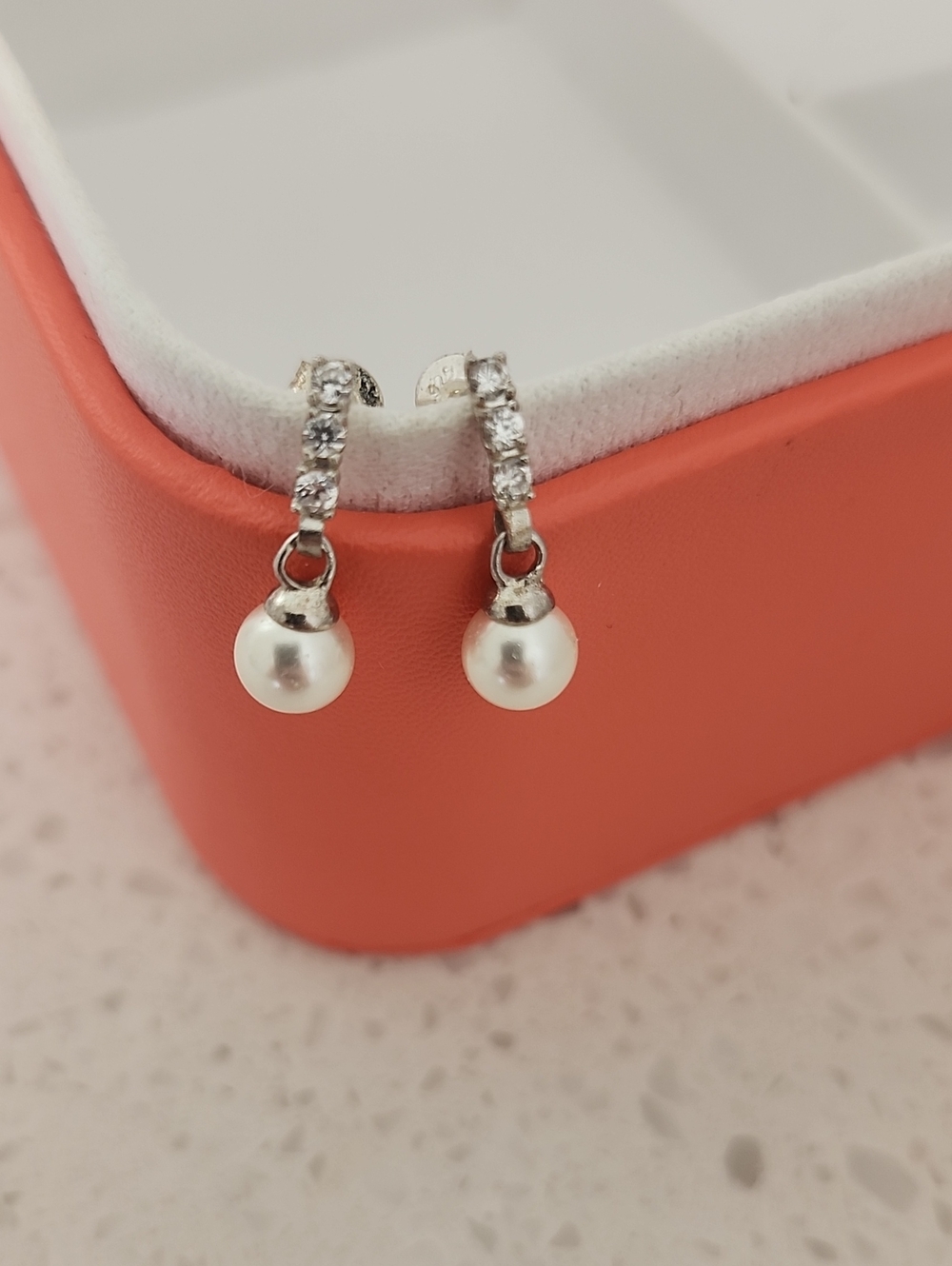 Sterling Silver Pearl Drop Hoop Earrings with Cubic Zirconia